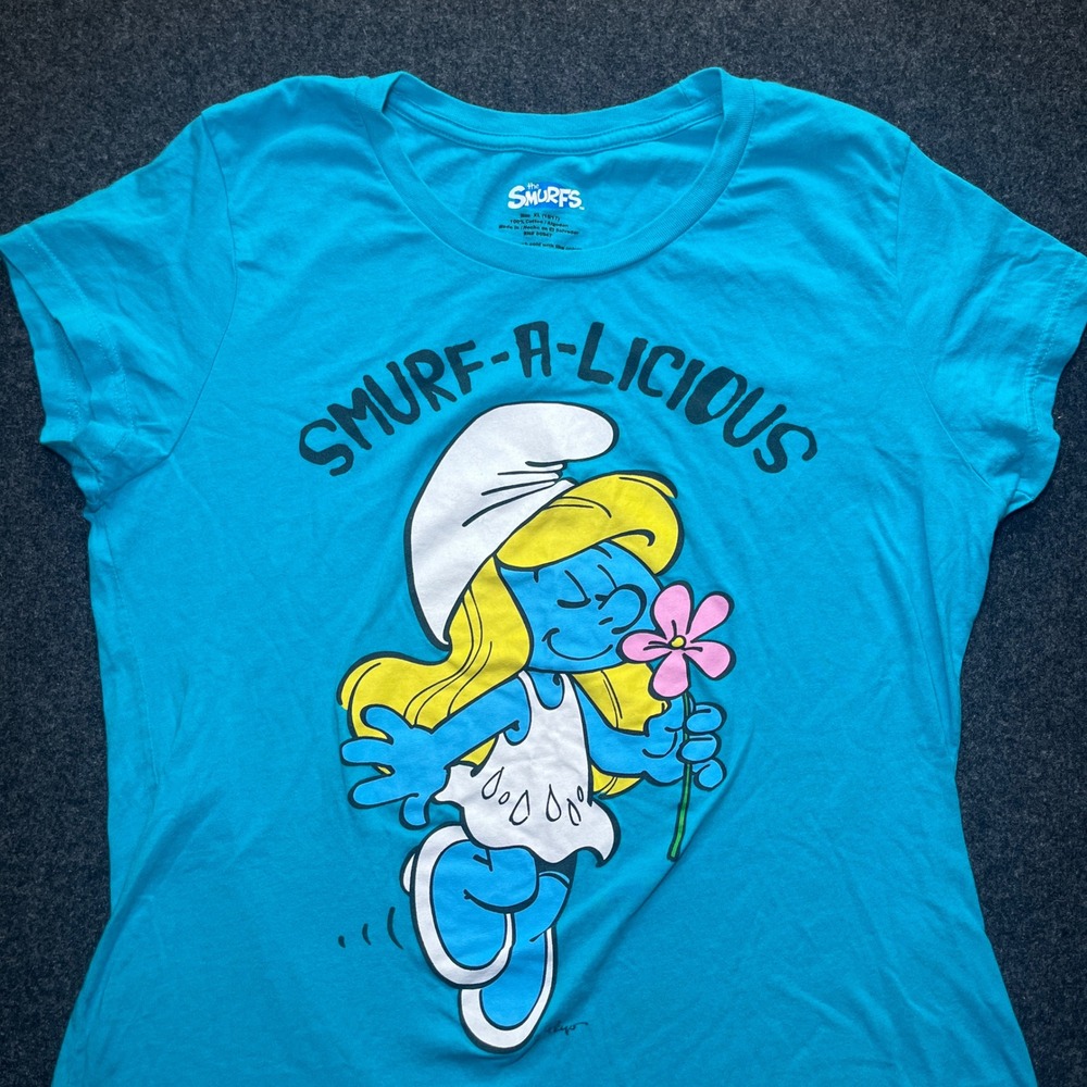 The Smurfs Graphic Tee Women XL Fits Like a M Blue Smurfette Shirt